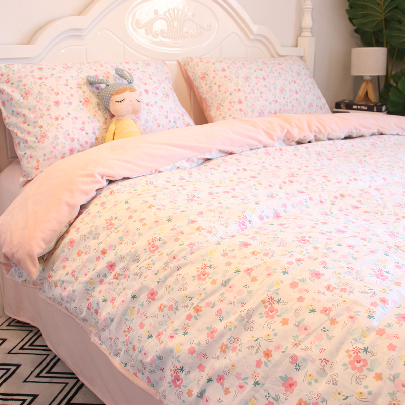 韩式小碎花棉加绒四件套被套a面全棉纯棉b面牛奶珊瑚绒水晶绒床单