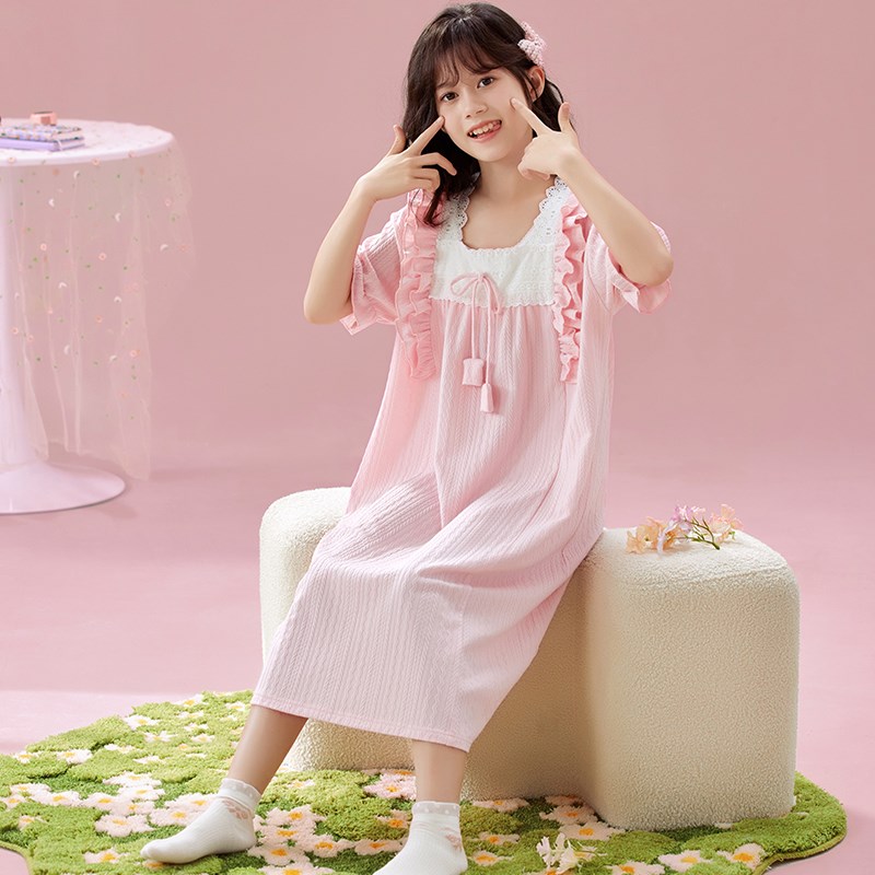 女童睡裙夏季纯棉短袖甜美公主睡衣裙亲子母女宽松款宫廷风家居服