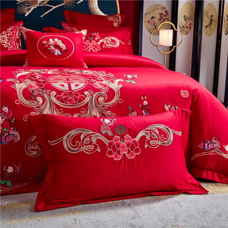 高端中式200支结婚四件套大红色百子图婚庆床上用品纯棉婚房陪嫁4