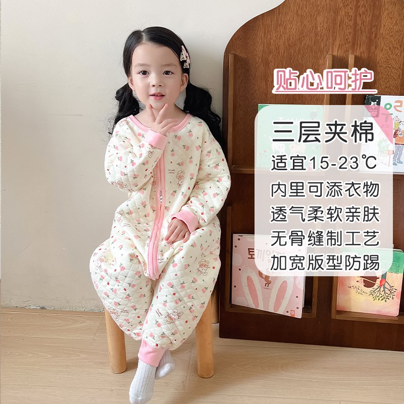 女童连体睡衣春秋款纯棉宝宝儿童家居服防着凉秋冬季婴儿睡袋女孩