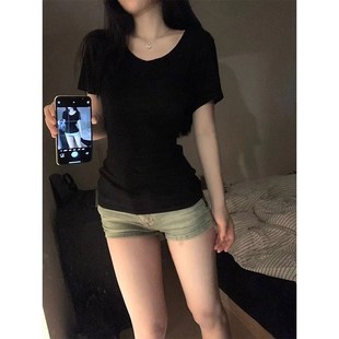 纯棉修身 大码 t恤女夏季 胖mm美式 显瘦内搭打底上衣 辣妹V领黑色短袖