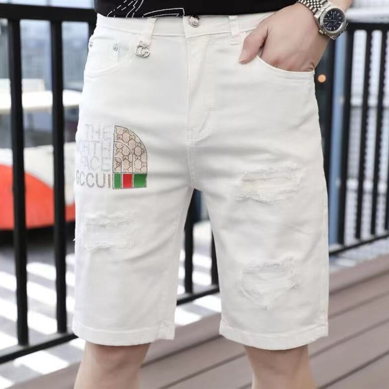 夏季牛仔短裤男白色五分裤欧版潮流修身中裤子破洞弹力休闲马裤薄
