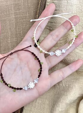 敲百搭深咖色小莲花绿色橄榄mini小手链时尚闺蜜情侣手饰品