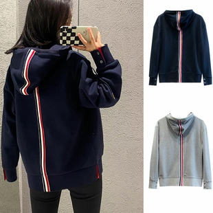 潮TB卫衣开衫后背织带针织毛圈情侣款休闲连帽夹克外套THGWBRGMEN