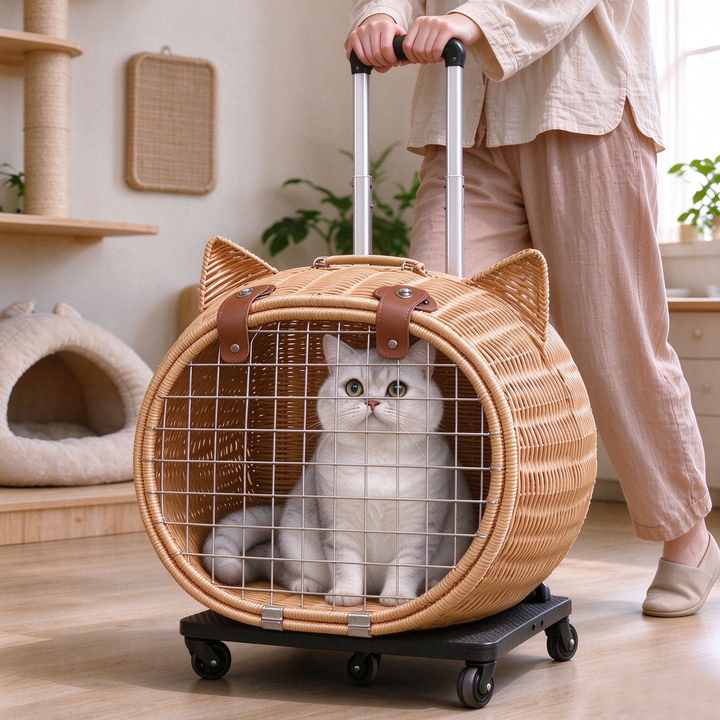 网红仿藤编猫耳朵便携外出猫窝