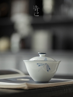 树上秋千青己玉瓷手绘陶瓷盖碗家用青花瓷泡茶碗茶杯白瓷功夫茶具
