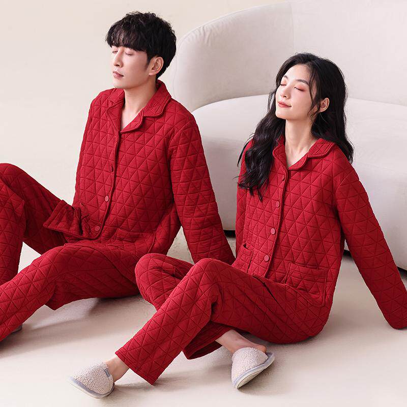 情侣睡衣女士加绒加厚纯棉夹层秋冬季套装男结婚新婚红色家居服
