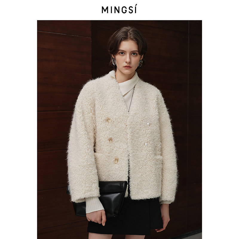 Mingsi冬季泰迪绒感圈圈毛V领短款大衣卷毛宽松保暖外套MA1040402