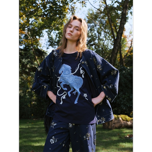 【商场同款】JEEN26春夏藏青色骏马T恤定制刺绣短袖宽松上衣圆领