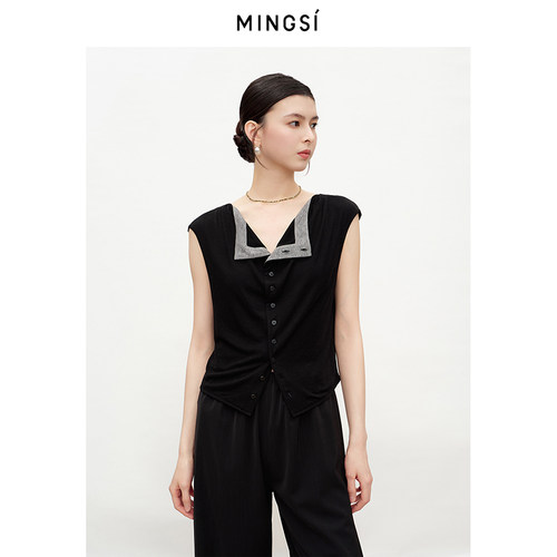 MINGSI乌黑色莱赛尔羊毛设计上衣