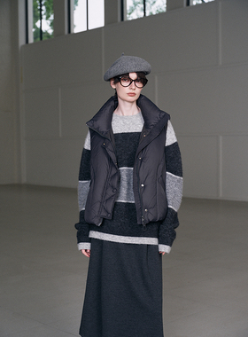 【商场同款】JEEN秋冬烟灰色宽条纹圆领针织衫套头毛衣JB1041507