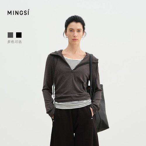 MINGSI假两件撞色休闲连帽打底衫