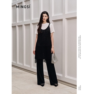 【商场同款】MINGSI25秋黑色波西米亚毛织连衣裙针织吊带流苏短裙