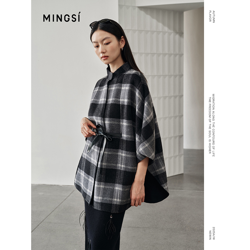 MINGSI秋冬黑白格双色两穿斗篷