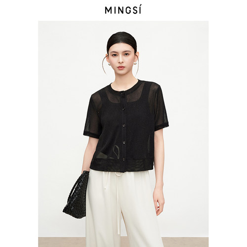 MINGSI乌黑色亮闪闪烫钻小衫