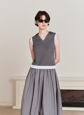 MINGSI x JEEN夏季烟灰色波点V领上衣无袖polo上衣JB102130704