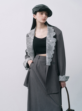MINGSI x JEEN合作系列烟灰色蕾丝压边羊毛西装JB101050104