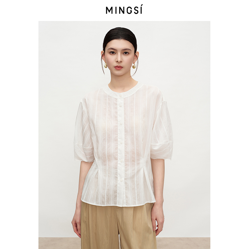 MINGSI海盐白朦胧微透泡泡袖小衫