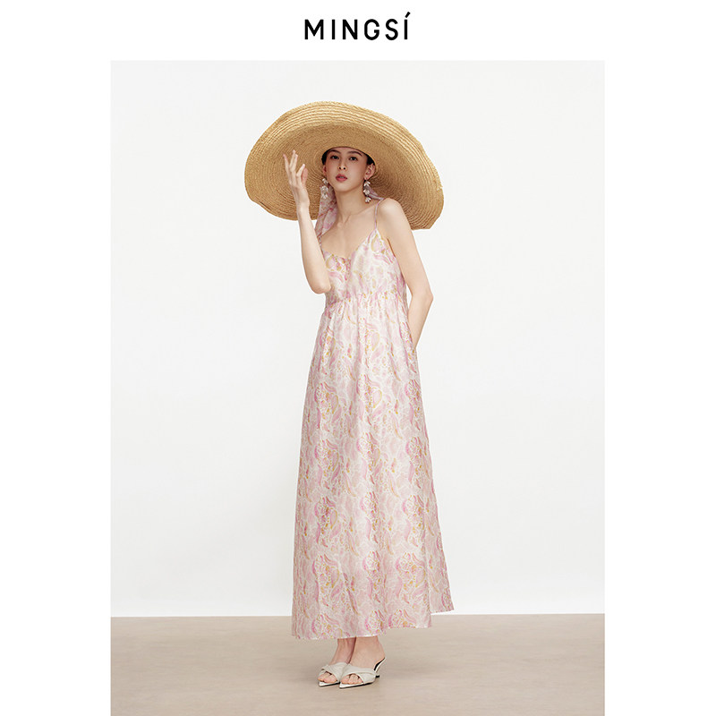 MINGSI女装夏季甜杏粉花卉印花吊带裙法式轻奢中长款度假连衣裙