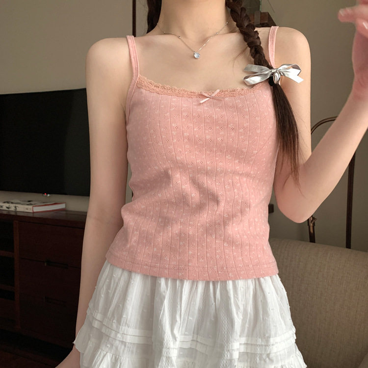 纯欲少女甜妹蝴蝶结蕾丝花边吊带bm修身内搭纯棉短款碎花背心上衣