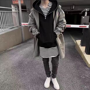 校长在线春秋季自主比伯同款条纹打底衫高街风叠穿内搭长袖T恤男