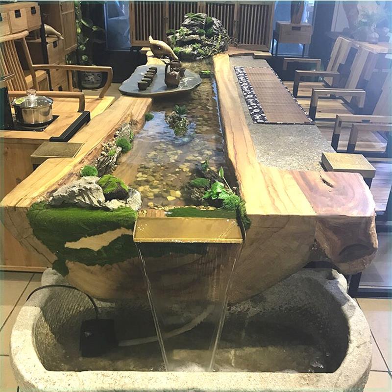 樟木流水茶台循环养鱼景观禅意茶桌实木家具大型创意中式简约茶几