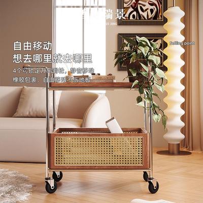 实木可移动边几不锈钢收纳中古小推车客厅储物藤编置物架简约餐车