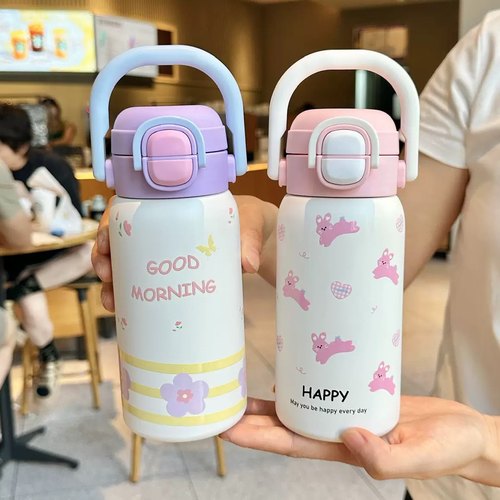 学生新款保温杯女生可爱高颜值大容量吸管杯儿童上学专用双饮杯子
