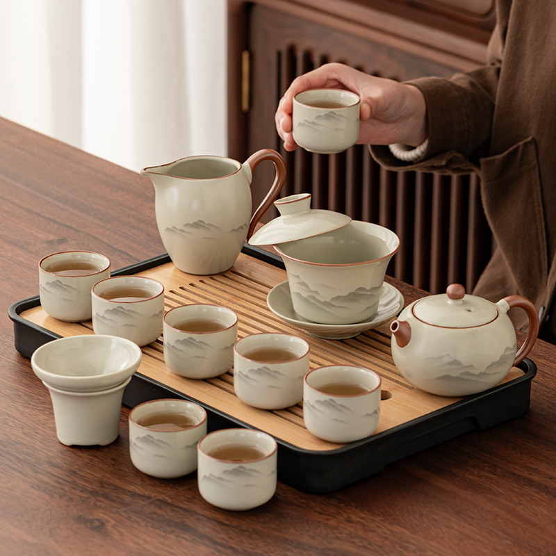 汝窑功夫茶具套装家用2025新款办公室喝茶泡茶盖碗茶壶茶杯子套装