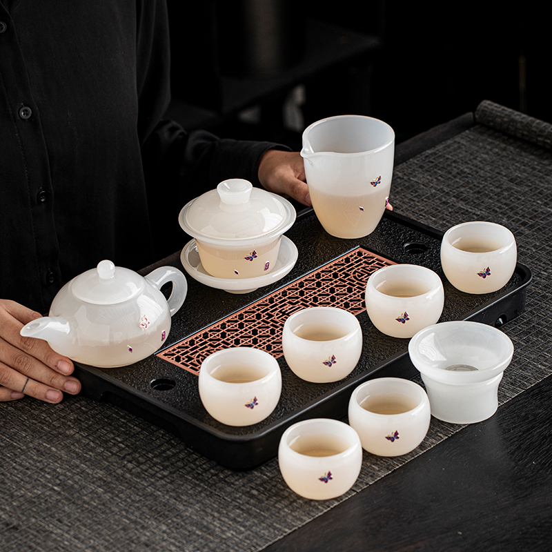 锔钉白玉琉璃茶具套装整套羊脂白玉瓷茶壶盖碗茶盘功夫茶杯礼盒装