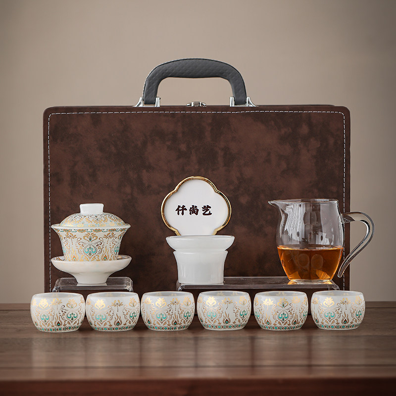敦煌琉璃功夫茶具套装玉瓷泡茶盖碗茶杯公道杯整套功夫茶道礼盒装图片