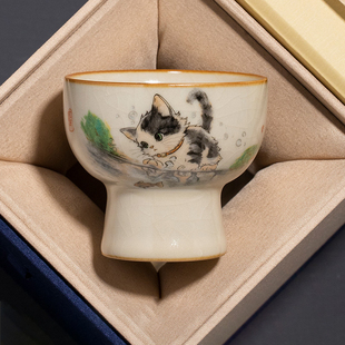 汝窑萌猫圆口高足茶杯主人杯家用高档开片可养品茗杯定制功夫茶盏
