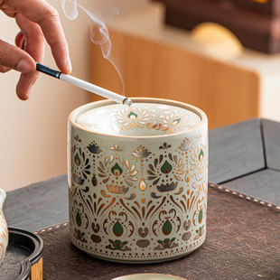 汝窑敦煌国潮莲漏斗式烟灰缸大号带盖防飞灰家用客厅创意时尚烟缸