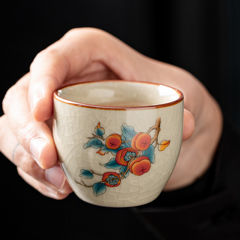 米黄汝窑柿柿如意陶瓷喝茶杯个人专用汝窑可养开片单杯茶盏品茗杯