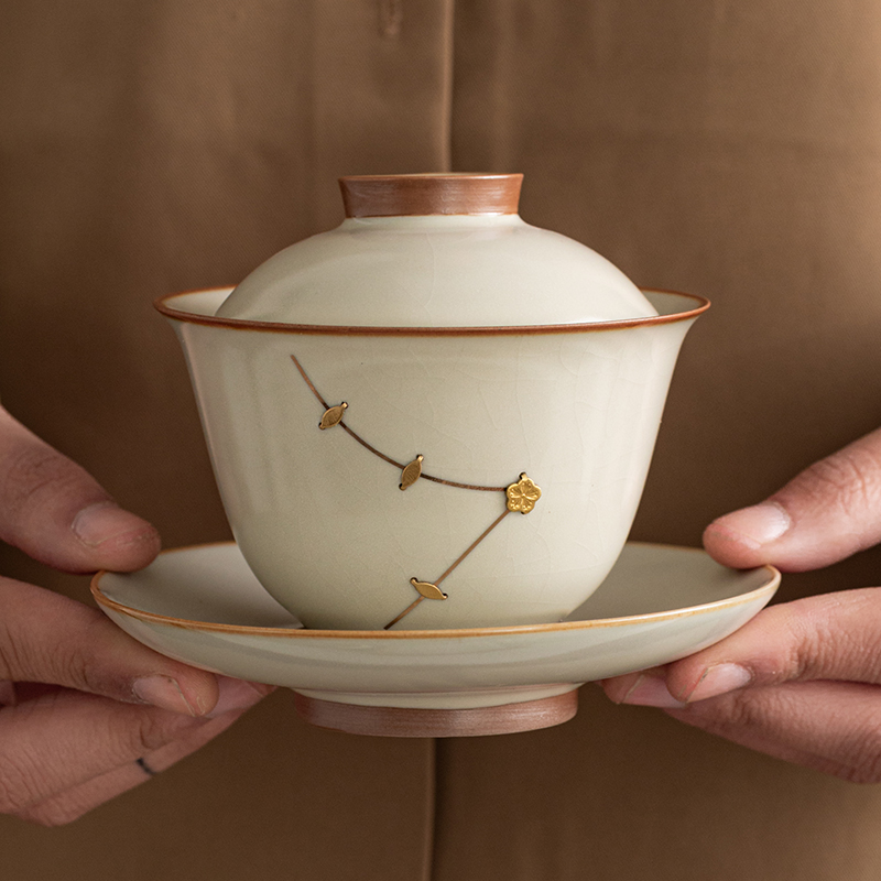 汝窑开片锔钉三才盖碗茶杯高档家用不烫手泡茶碗茶盏功夫茶具陶瓷