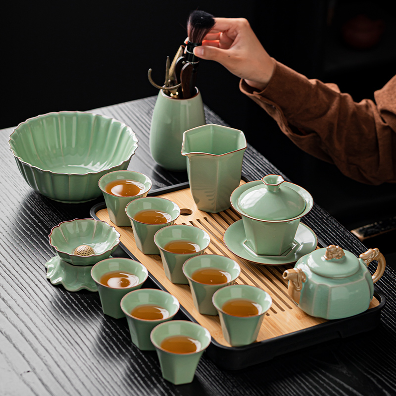 高档汝窑功夫茶具套装家用开片可养2024新款泡茶陶瓷盖碗茶壶套装