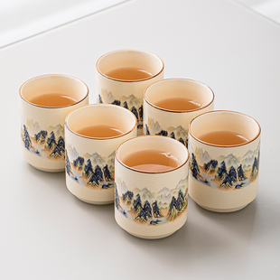 米黄汝窑青花茶杯陶瓷品茗杯6只装功夫茶杯主人杯家用喝茶小茶碗