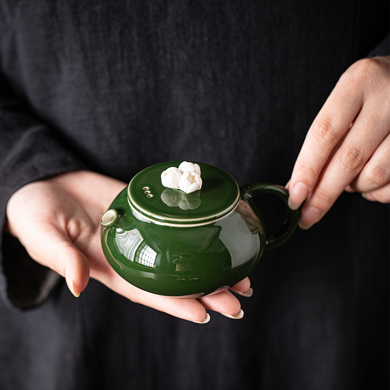 祖母绿釉陶瓷梅花茶壶手工单壶家用泡茶功夫茶壶带过滤球孔泡茶壶