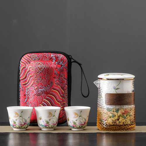 快客杯一壶三杯子耐热玻璃装备便携式旅行茶具套装简约户外泡茶壶