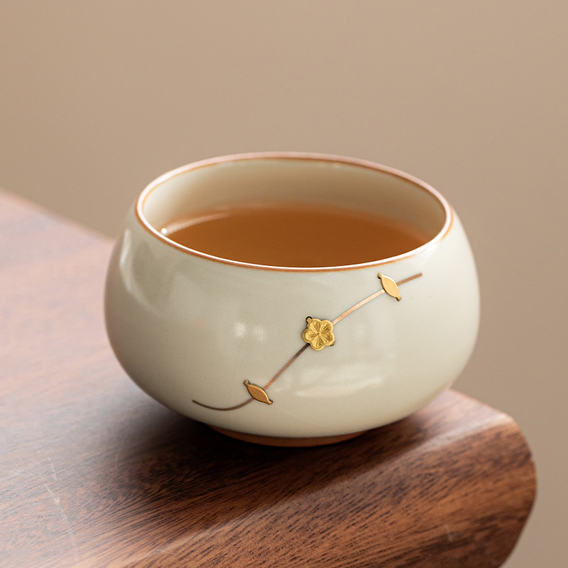 黄汝窑锔钉主人茶杯中式高档功夫茶具茶碗品茗杯陶瓷茶盏可养开片