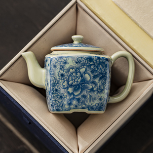 茶壶手工家用四方青花瓷陶瓷单壶高档功夫茶具配件开片可养泡茶壶