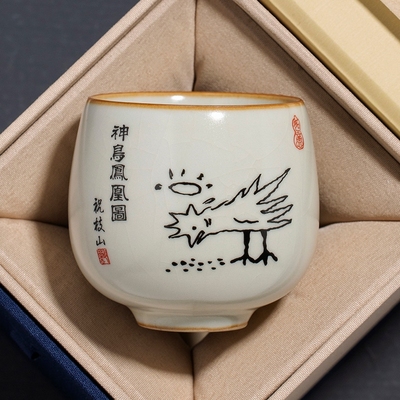 汝窑神鸟凤凰图茶杯主人杯个人专用罗汉杯开片陶瓷定制茶碗品茗杯