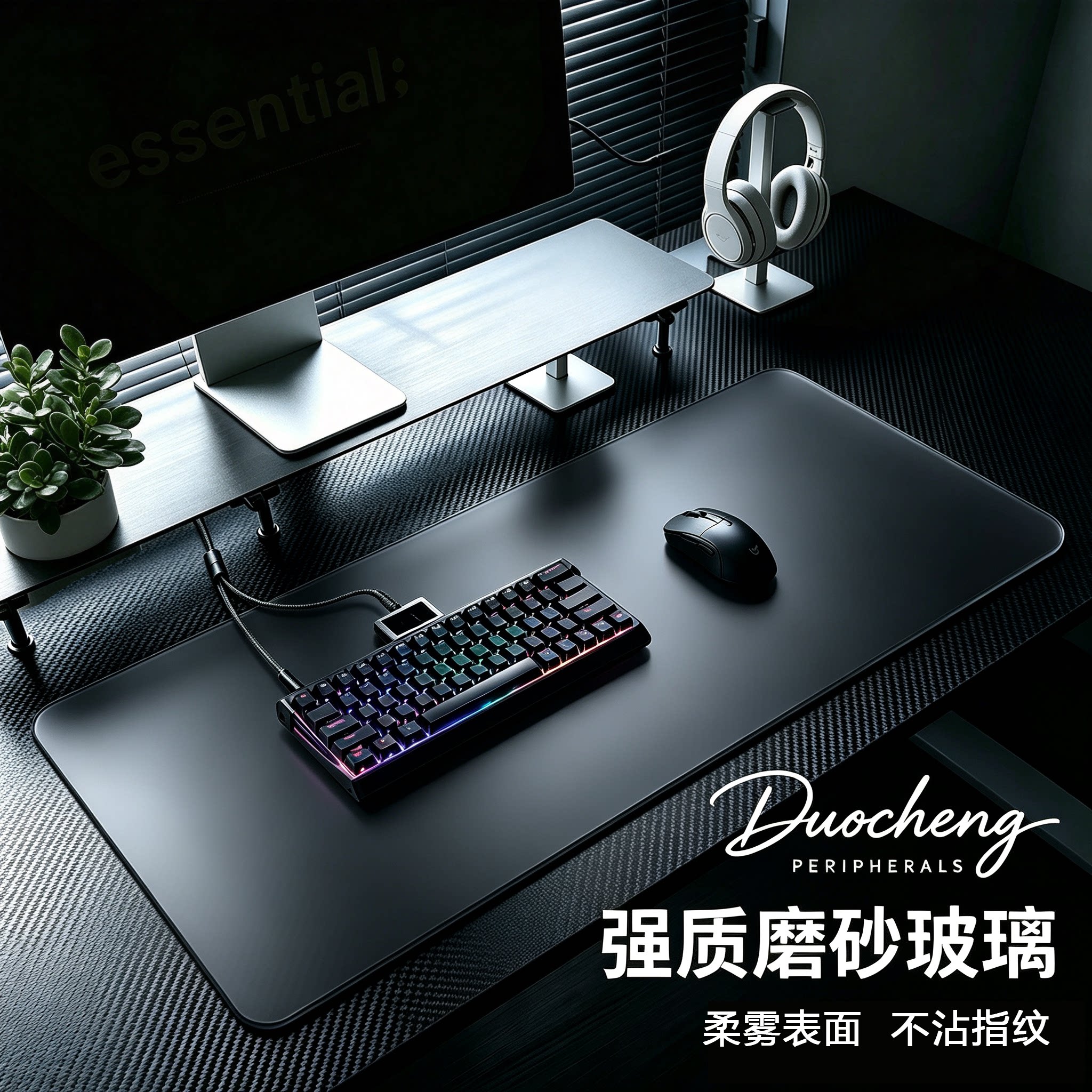 黑色微蚀刻钢化玻璃鼠标垫超大号