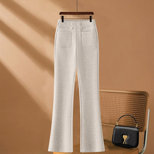 羊毛呢阔腿裤女2025秋冬季新款高腰直筒窄版加绒加厚休闲微喇裤子