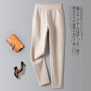 高腰毛呢裤女春夏2026新款松紧腰米色休闲西裤女人字纹加厚哈伦裤