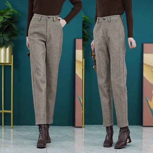 加绒加厚毛呢裤子女秋冬2026年新款高腰哈伦裤宽松直筒烟管休闲裤