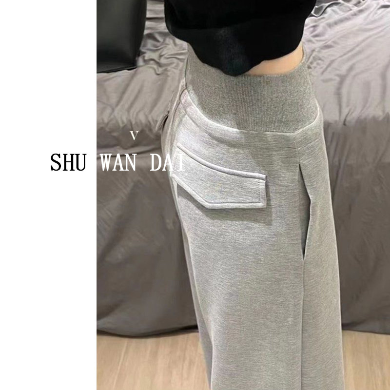 慵懒松弛感灰色松紧腰休闲运动裤女2025秋冬季加绒垂感直筒遛弯裤