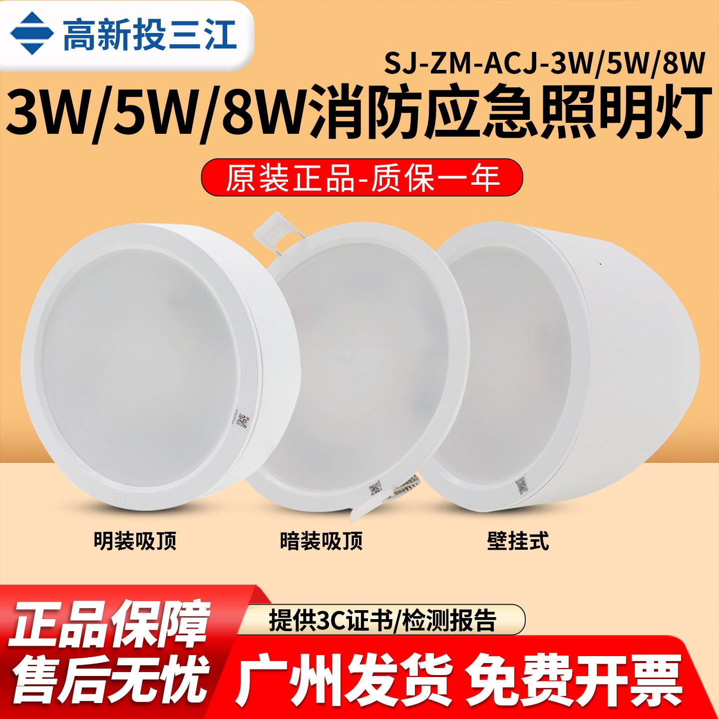 泛海三江SJ-ZM-ACJ-3W/5W/8W集电集控型吸顶壁挂嵌入应急照明灯具图片