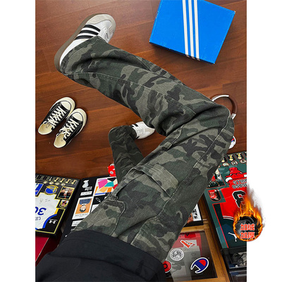 美式加绒工装直筒迷彩牛仔裤