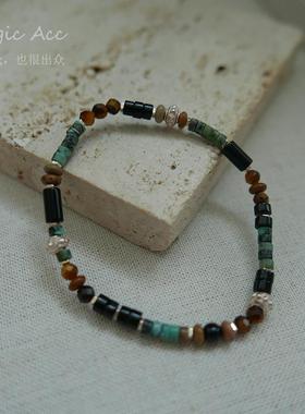 天然虎眼石绿松石925纯银手链